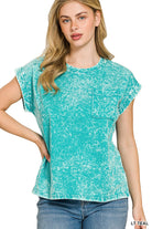 Zenana Light Teal Crinkle Washed Round Neck Folded Short Sleeve Tee LT TEAL