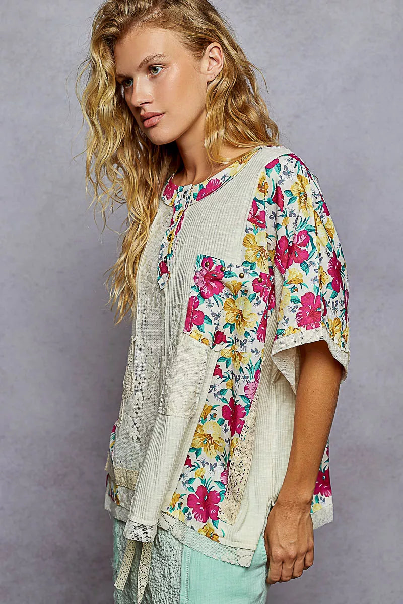 POL Natural Lace Round Neck Short Sleeve Floral Pattern Top with Patch Detail