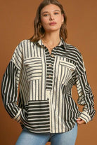 Umgee Pointelle Stripped Half Button Collared Neck Top