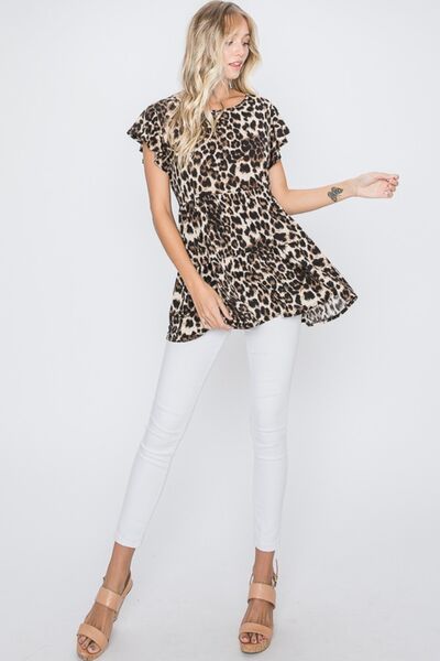 Heimish Leopard Round Neck Short Sleeve Blouse Plus Size