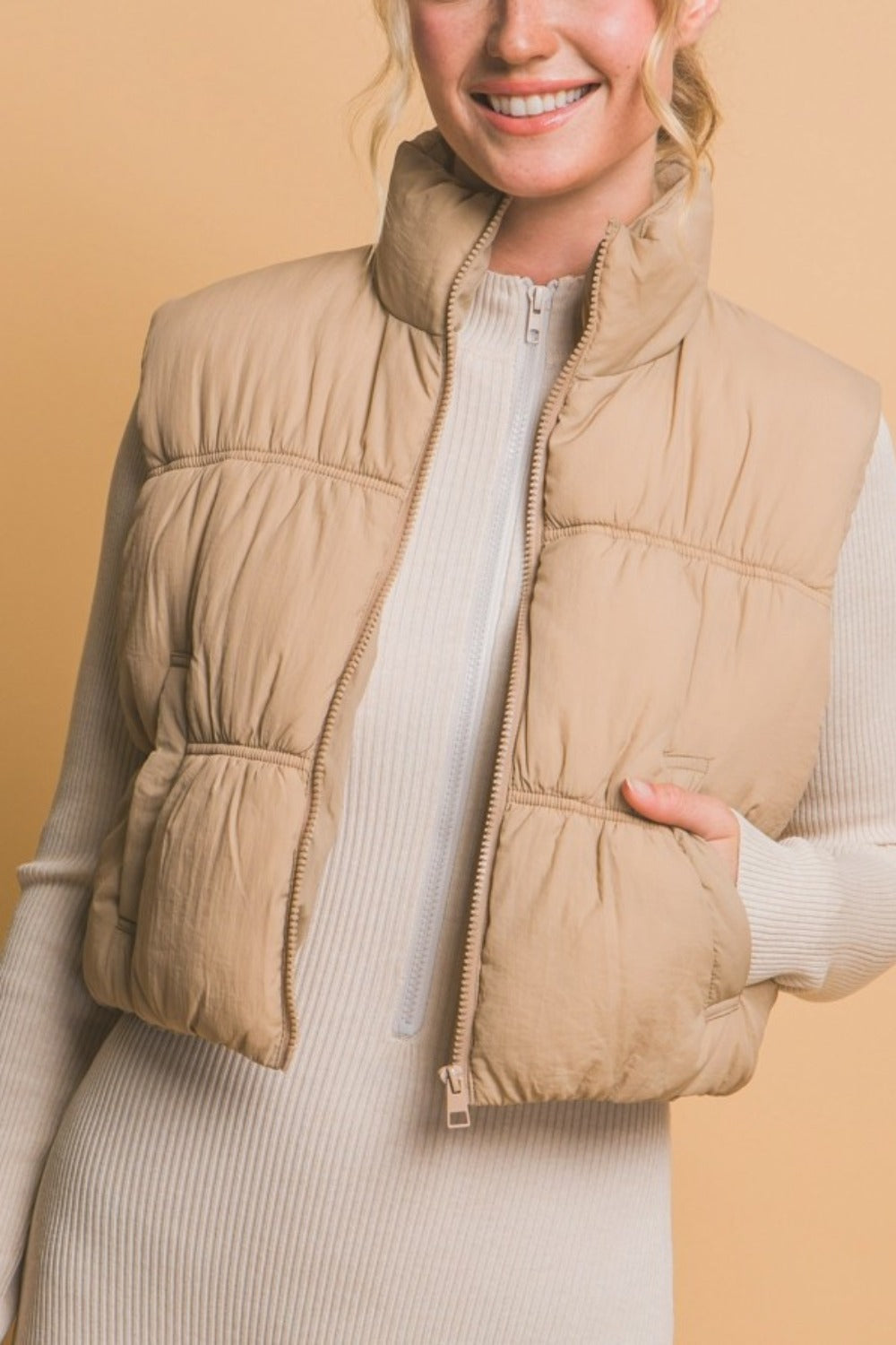 Love Tree Khaki Zip Up Turtleneck Cropped Vest Coat Trendsi