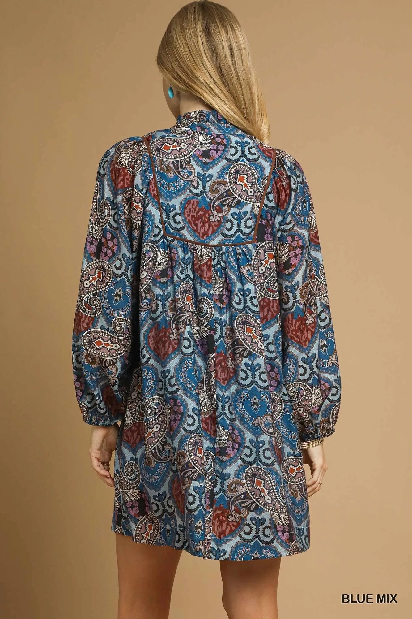 Umgee Blue Boho Mix Paisley Babydoll Dress