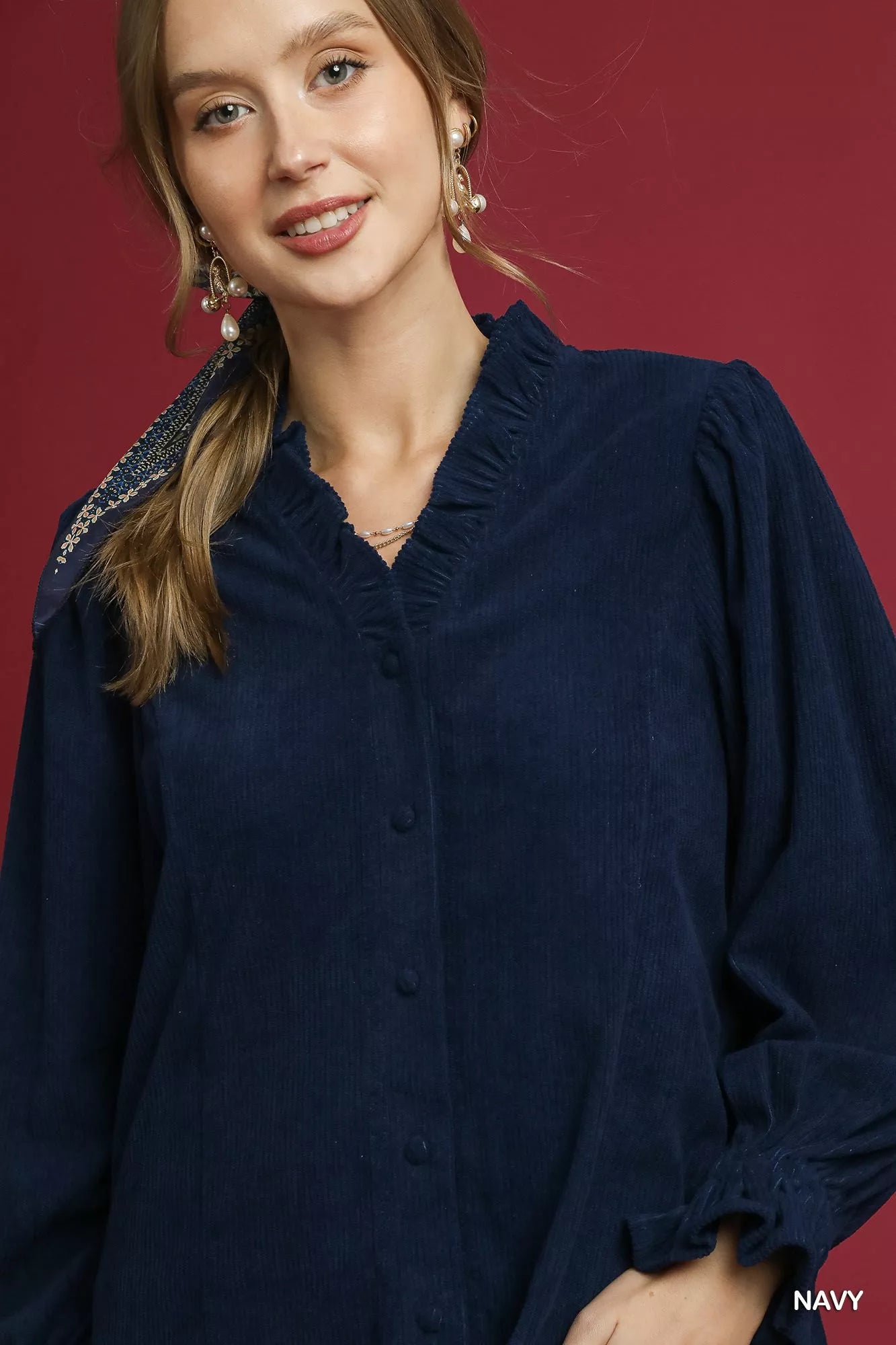 Umgee Navy Corduroy Ruffle Shirt with Long Puff Sleeves