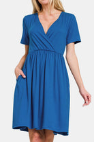 Zenana Classic Blue Surplice Short Sleeve Brushed DTY Dress Dresses