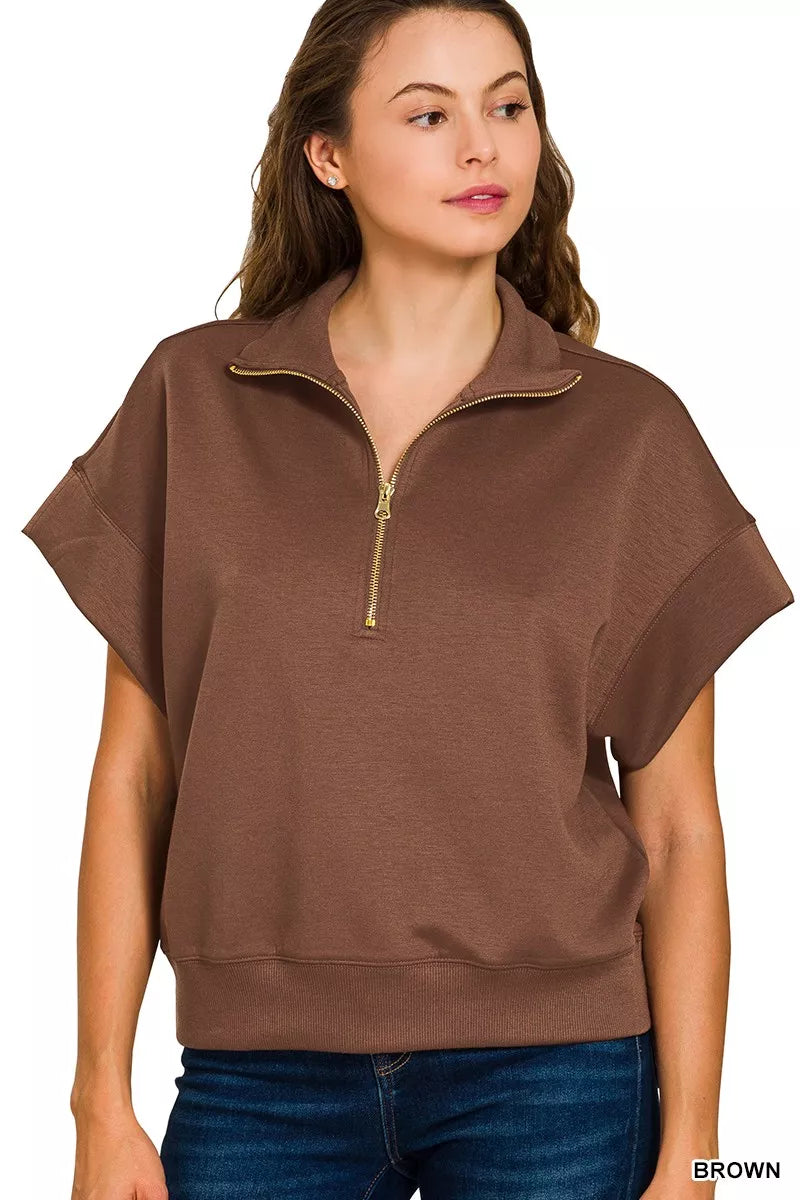 Zenana Brown Scuba High Neck Half Zip Short Sleeve Top