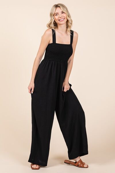 Mittoshop Black Smocked Wide Strap Wide Leg Overalls