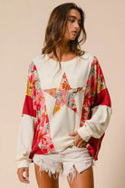 BiBi Floral Print Mixed Star Patch Round Neck Sweatshirt