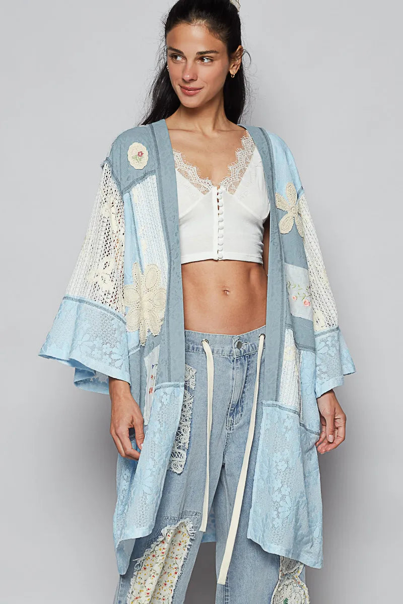 POL Sky Blue Double Gauze and Lace Mix Cardigan with Embroidered Detail SKY BLUE