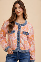 Annie Wear Coral Floral Jacquard Denim Contrast Button Down Jacket