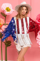 BiBi American Flag Theme Fringe Detailed Sequins Crop Top