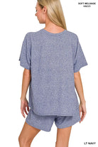 Zenana Light Navy Soft Melange Short Sleeve Tee and Shorts Set
