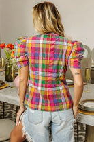 BiBi Short Puff Sleeve Washed Vintage Plaid Top
