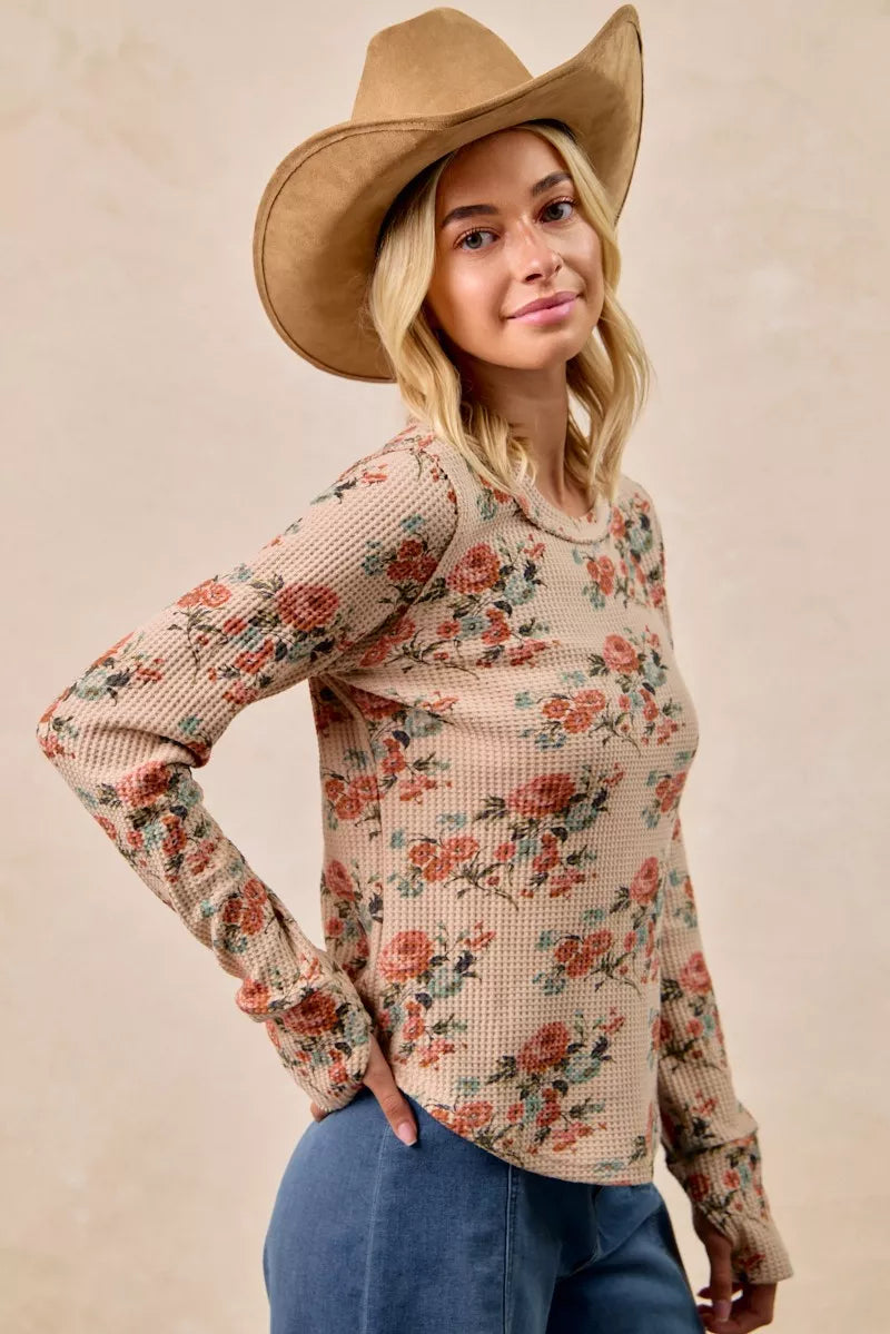 BiBi Taupe Floral Print Washed Waffle Thermal Top with Thumb