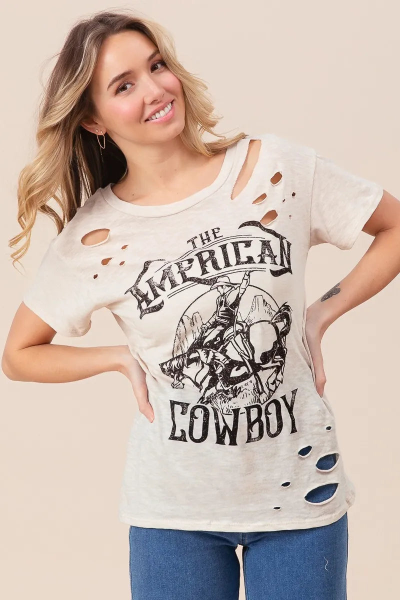 BiBi Taupe Cotton Slub Laser Top American Cow Boy Graphic
