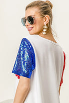 BiBi Metallic Letter America V-neck Sequin Sleeves Top