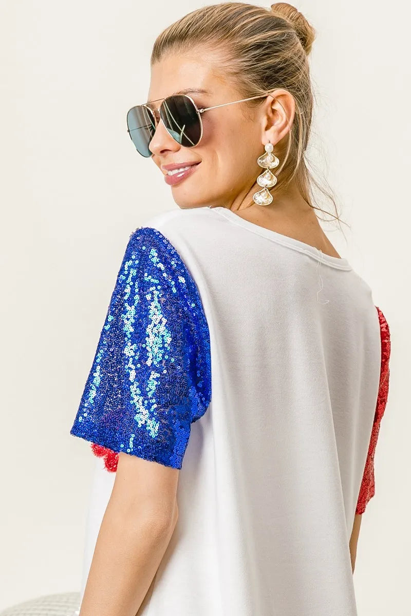 BiBi Metallic Letter America V-neck Sequin Sleeves Top