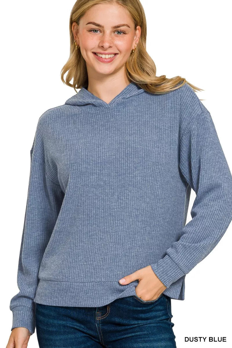Zenana Dusty Blue Ribbed Long Sleeve Hoodie