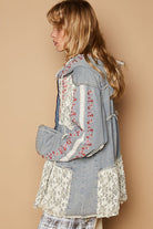 POL Embroidered Lace Patch Zip Up Hooded Jacket in Denim Multi Coats & Jackets