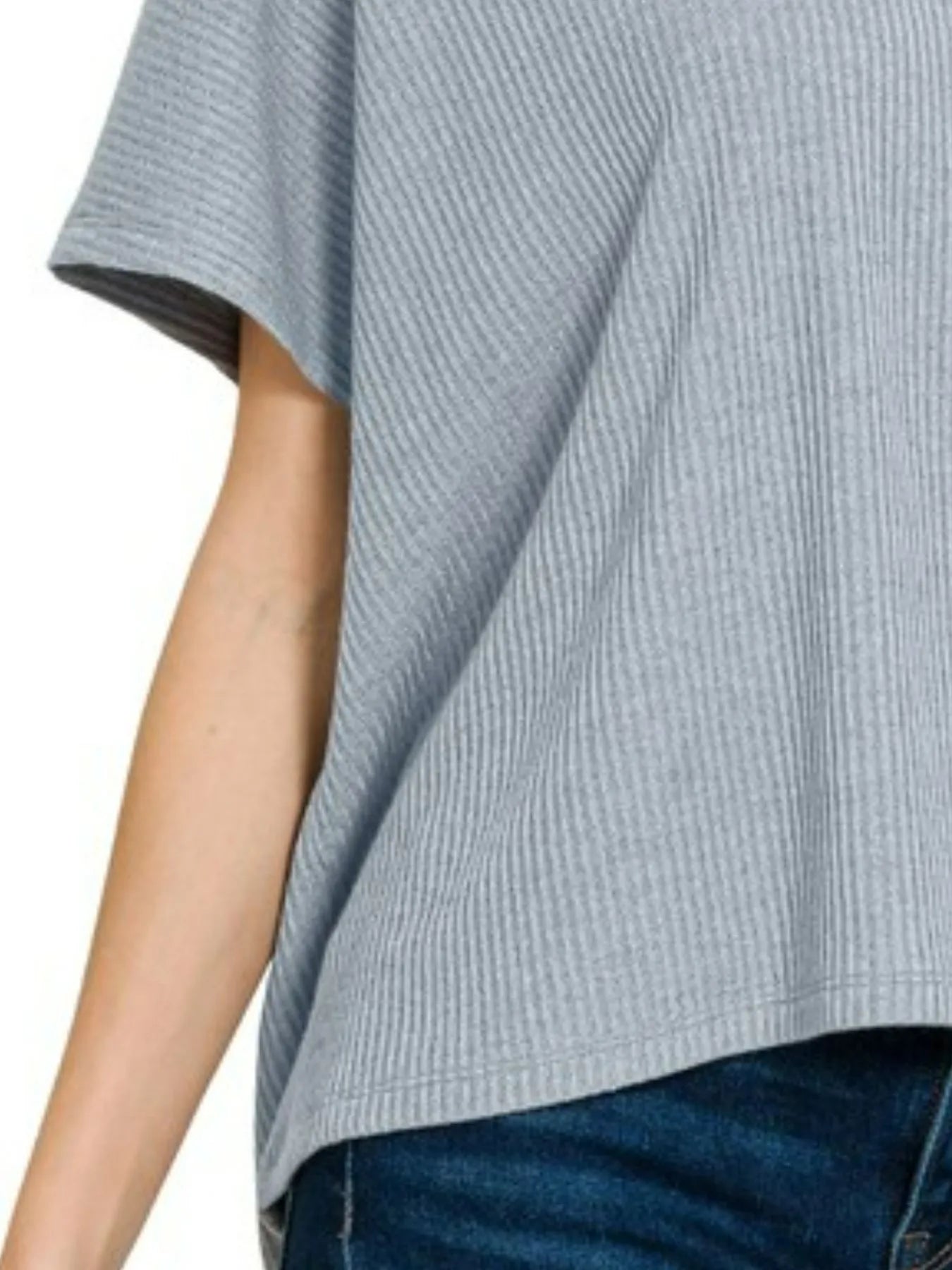 Zenana Blue Gray Ribbed Round-Neck Short-Sleeve Knit Sweater