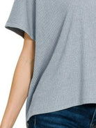 Zenana Blue Gray Ribbed Round-Neck Short-Sleeve Knit Sweater