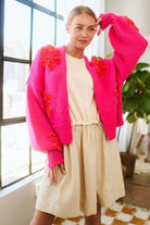 Davi & Dani Hot Pink Floral Applique Open Front Drop Shoulder Cardigan Trendsi