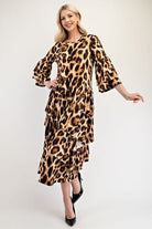 Celeste Leopard Asymmetrical Ruffle Midi Dress Leopard