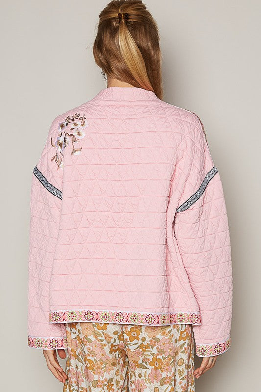 POL Quilted Embroidered Open Front Long Sleeve Jacket in Blush Pink Coats & Jackets