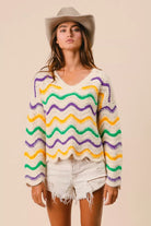 BiBi Mardi Gras Wavy Stripes V-Neck Sweater