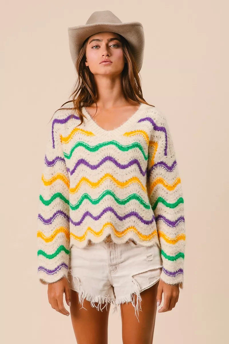 BiBi Mardi Gras Wavy Stripes V-Neck Sweater