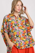 Umgee Full Size Flower Print Boxy Cut Button Down Shirt Plus Size BLACK MIX