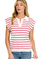 Zenana Viscose Striped Collared Sweater Vest RUBY IVORY