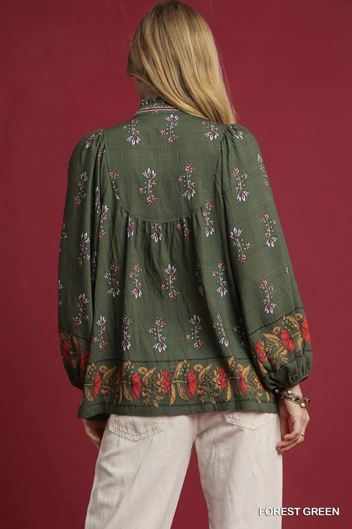 Umgee Forest Green Floral Boho Peasant Blouse