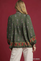 Umgee Forest Green Floral Boho Peasant Blouse