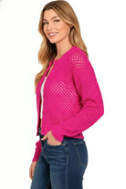 Zenana Hot Pink Button Down Lightweight Crochet Cardigan Sweater