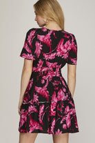 She + Sky Black & Fuchsia Printed Notched Short Sleeve Frill Tiered Dress