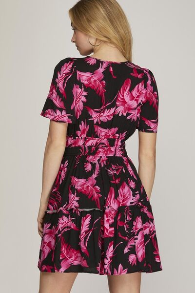 She + Sky Black & Fuchsia Printed Notched Short Sleeve Frill Tiered Dress