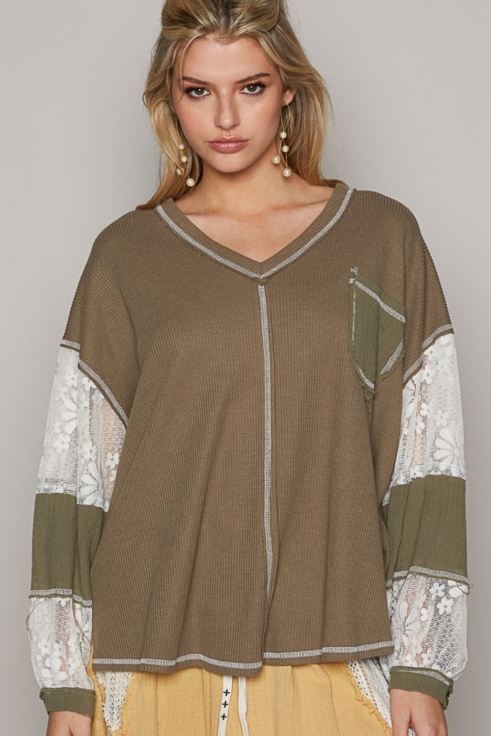 POL Khaki Olive V-Neck Lace Balloon Sleeve Exposed Seam Top Trendsi