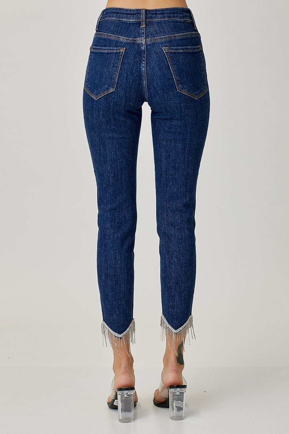 RISEN Dark Washed Embellished Mid Rise Crop Skinny Jeans Trendsi