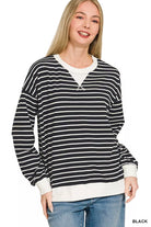 Zenana Black Contrast Striped Round Neck Sweatshirt