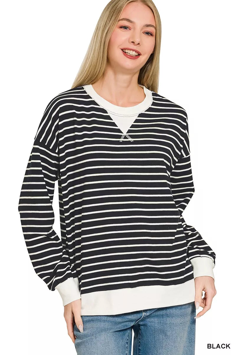 Zenana Black Contrast Striped Round Neck Sweatshirt
