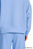 Zenana Cornflower Blue Ribbed Round Neck Pullover and Drawstring Pants Set
