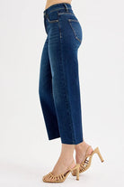 RISEN Dark Washed Tummy Control High Rise Raw Hem Cropped Wide Leg Jeans