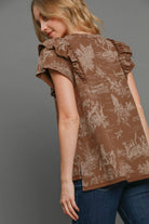 Umgee Ruffled Landscape Print Short Sleeve French Terry Blouse in Brown Shirts & Tops