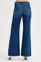 RISEN Dark Washed Tummy Control Mid Rise Seam Detail Wide Flare Jeans