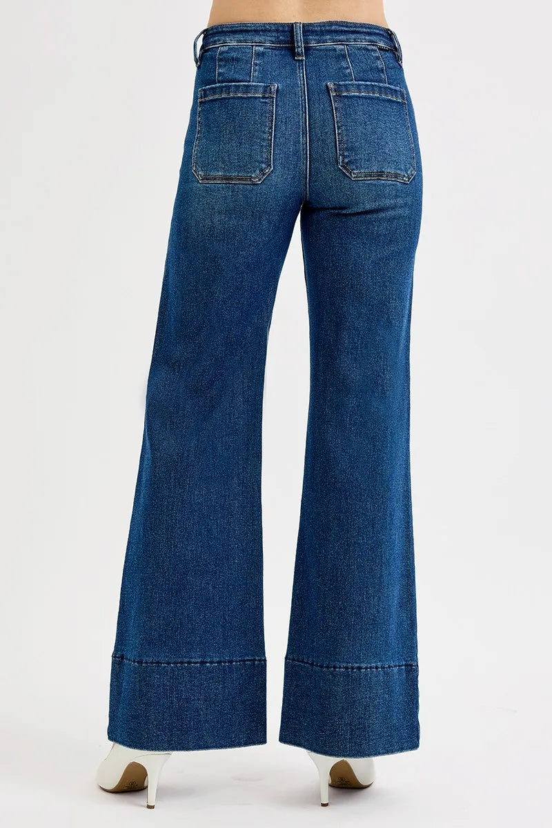 RISEN Dark Washed Tummy Control Mid Rise Seam Detail Wide Flare Jeans