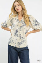 Umgee Navy Floral Embroidered Blouse with Ruffle Trim NAVY