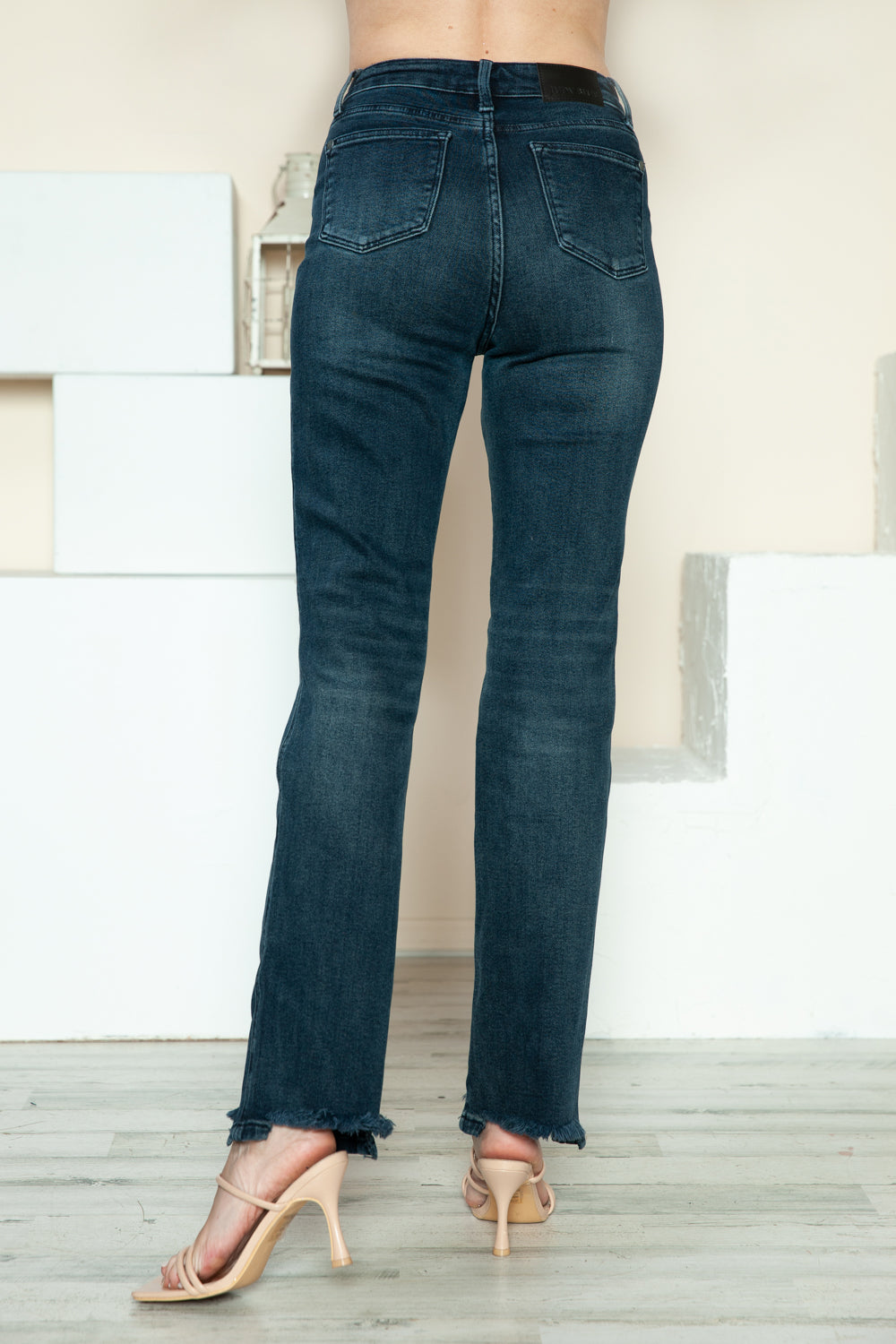 Judy Blue Dark Washed Button Fly Destroy Hem Straight Jeans Trendsi