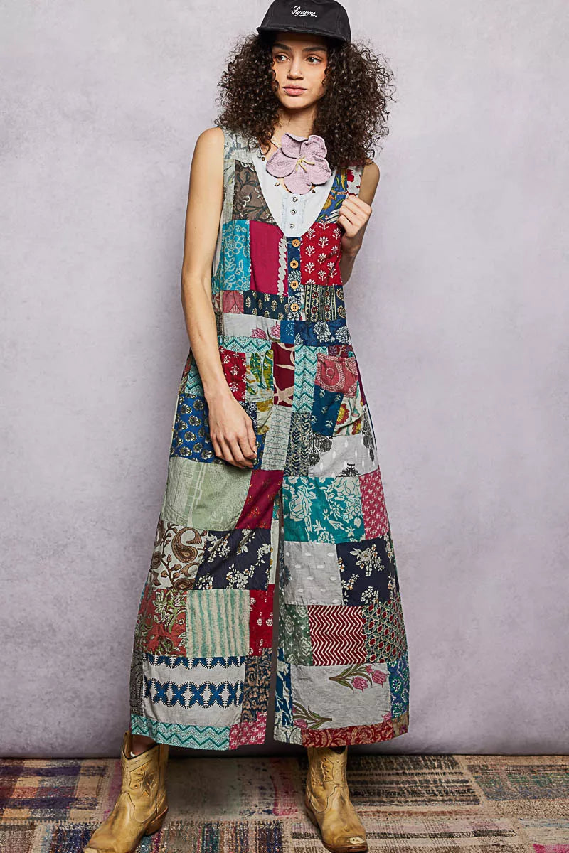 POL Sleeveless Patchwork Wide Leg Jumpsuit SAGE MULTI