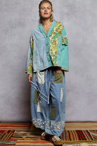 POL Denim & Teal Button Down Floral V-Neck Long Sleeve Raw Hem Top