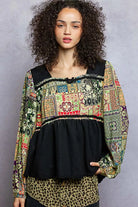 POL Black Balloon Sleeve Peplum Blouse with Trim Detail Black